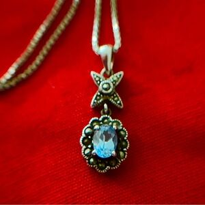 Sterling Silver 925 Topaz Marcasite Pendant And Sterling Chain 20” Vintage